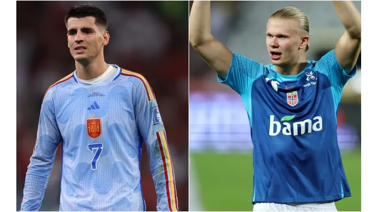 Alvaro Morata of Spain and Erling Haaland of Norway