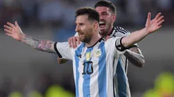 Lionel Messi celebrating his 800th goal alongside Rodrigo de Paul in Argentina's 2-0 win over Panama.