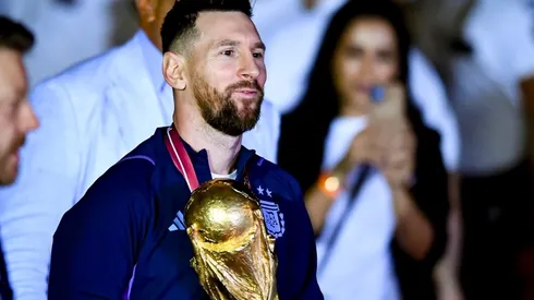 Lionel Messi holds the FIFA World Cup