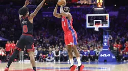 James Harden #1 of the Philadelphia 76ers shoots over Coby White #0 of the Chicago Bulls