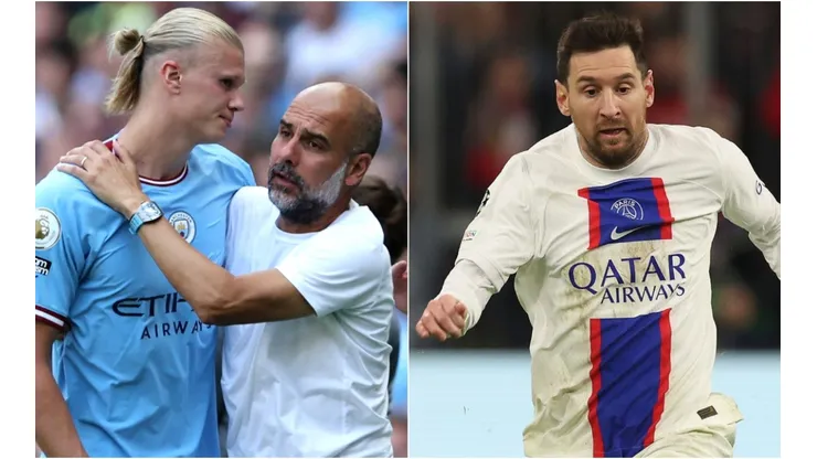 Pep Guardiola, Erling Haaland, and Lionel Messi