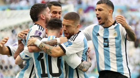 Argentine players celebrate a goal at Qatar 2022.