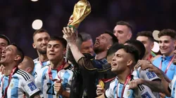 Lionel Messi of Argentina lifts the FIFA World Cup Winner's Trophy following the FIFA World Cup Qatar 2022 Final match between Argentina and France at Lusail Stadium on December 18, 2022 in Lusail City, Qatar.