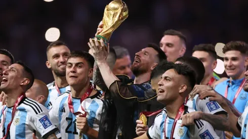 Lionel Messi of Argentina lifts the FIFA World Cup Winner's Trophy following the FIFA World Cup Qatar 2022 Final match between Argentina and France at Lusail Stadium on December 18, 2022 in Lusail City, Qatar.