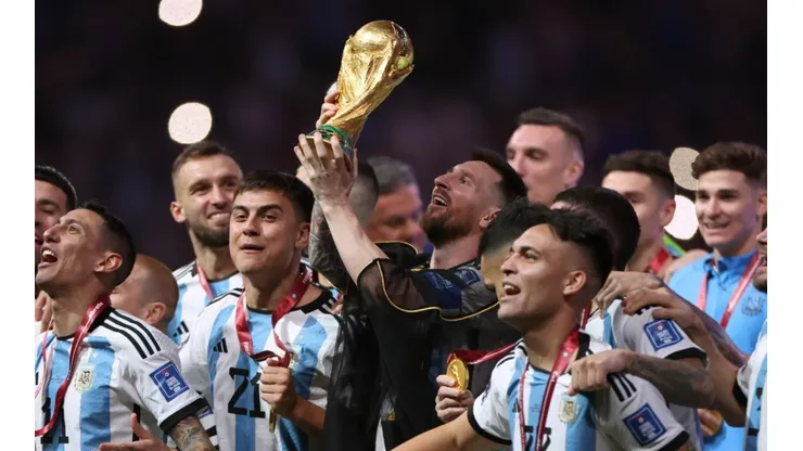 Lionel Messi of Argentina lifts the FIFA World Cup Winner's Trophy following the FIFA World Cup Qatar 2022 Final match between Argentina and France at Lusail Stadium on December 18, 2022 in Lusail City, Qatar.
