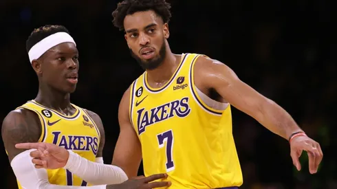 Troy Brown Jr. #7 and Dennis Schroder #17 of the Los Angeles Lakers
