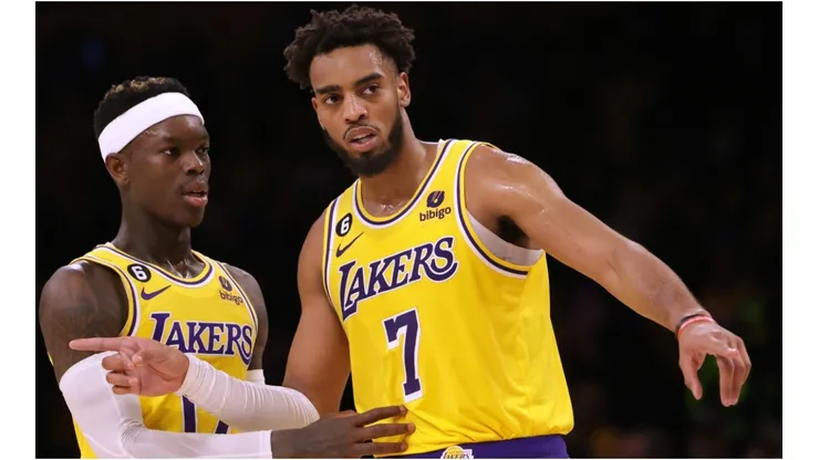 Troy Brown Jr. #7 and Dennis Schroder #17 of the Los Angeles Lakers