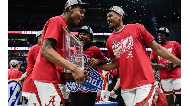 Nick Pringle, Noah Gurley of Alabama Crimson Tide after winning the SEC tournament