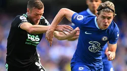 Jamie Vardy of Leicester and Conor Gallagher of Chelsea