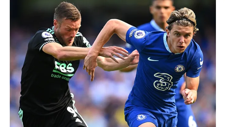 Jamie Vardy of Leicester and Conor Gallagher of Chelsea