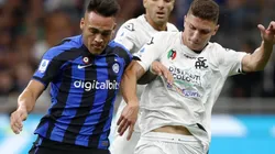 Lautaro Martinez of Inter and Mattia Caldara of Spezia