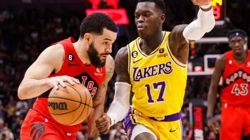 Fred VanVleet of the Toronto Raptors and Dennis Schroder of the Los Angeles Lakers