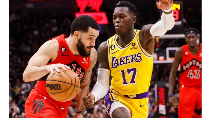 Fred VanVleet of the Toronto Raptors and Dennis Schroder of the Los Angeles Lakers