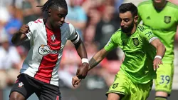 Romeo Lavia of Southampton and Bruno Fernandes of Manchester United