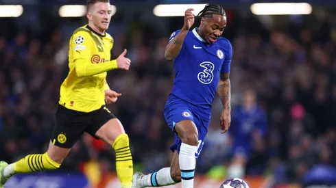 Raheem Sterling of Chelsea against Marco Reus of Borussia Dortmund.