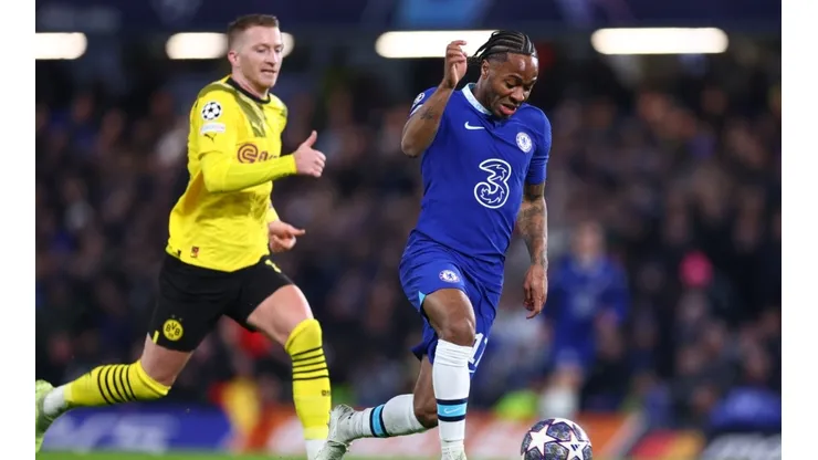 Raheem Sterling of Chelsea against Marco Reus of Borussia Dortmund.