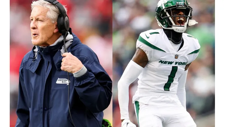 Seahawks coach Pete Carroll and Jets cornerback Sauce Gardner