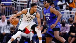 Giannis Antetokounmpo #34 of the Milwaukee Bucks drives to the basket against Wendell Carter Jr. #34 of the Orlando Magic