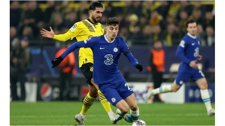 Emre Can of Dortmund challenges Kai Havertz of Chelsea
