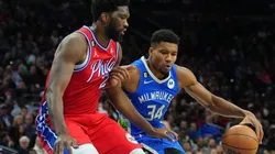 Giannis Antetokounmpo #34 of the Milwaukee Bucks drives to the basket against Joel Embiid #21 of the Philadelphia 76ers