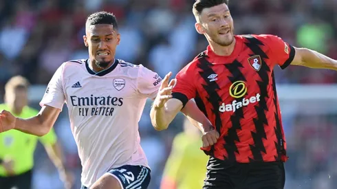 William Saliba of Arsenal and Kieffer Moore of Bournemouth