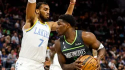 Troy Brown Jr. of the Los Angeles Lakers and Anthony Edwards of the Minnesota Timberwolves