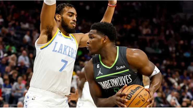 Troy Brown Jr. of the Los Angeles Lakers and Anthony Edwards of the Minnesota Timberwolves