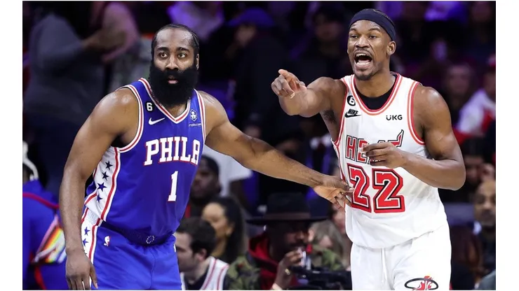 James Harden #1 of the Philadelphia 76ers and Jimmy Butler #22 of the Miami Heat