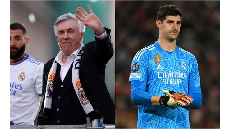 Karim Benzema (left), Carlo Ancelotti (c), and Thibaut Courtois.