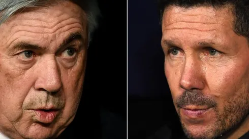Carlo Ancelotti of Real Madrid CF (L) and Diego Simeone, Manager of Atletico Madrid