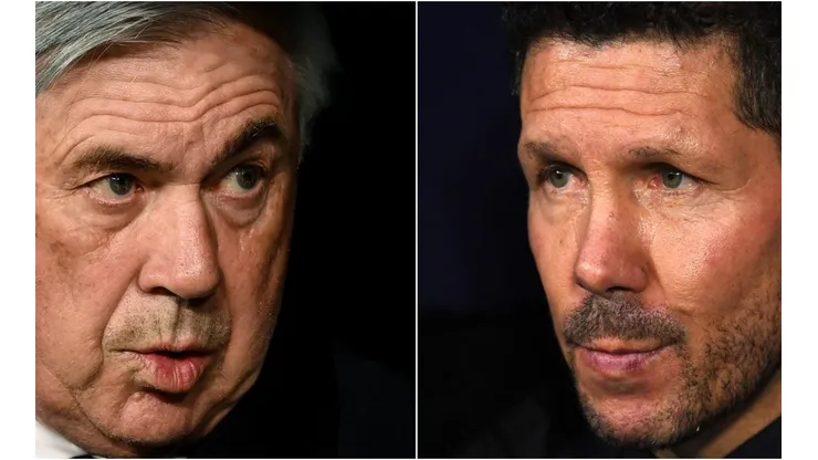 Carlo Ancelotti of Real Madrid CF (L) and Diego Simeone, Manager of Atletico Madrid
