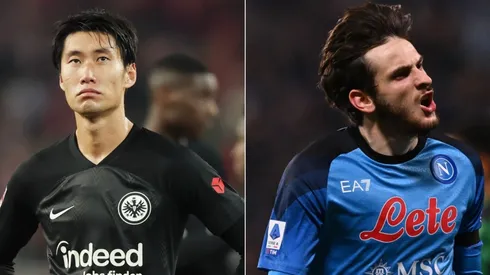 Daichi Kamada of Eintracht Frankfurt and Khvicha Kvaratskhelia of SSC Napoli