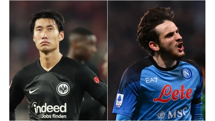 Daichi Kamada of Eintracht Frankfurt and Khvicha Kvaratskhelia of SSC Napoli