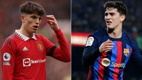 Alejandro Garnacho of Manchester United and Gavi of FC Barcelona