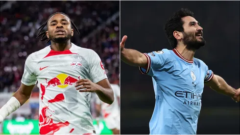 Christopher Nkunku of RB Leipzig and Ilkay Guendogan of Manchester City