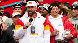 Travis Kelce and Patrick Mahomes during the Kansas City Chiefs Super Bowl LVII victory parade.