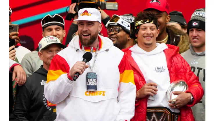 Travis Kelce and Patrick Mahomes during the Kansas City Chiefs Super Bowl LVII victory parade.