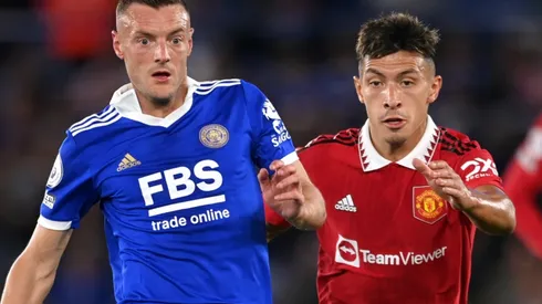 Jamie Vardy of Leicester and Lisandro Martinez of Manchester United