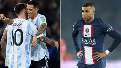 Angel Di Maria celebrating with Lionel Messi (left) and Kylian Mbappe.
