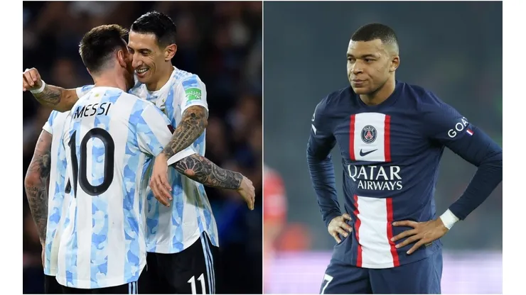 Angel Di Maria celebrating with Lionel Messi (left) and Kylian Mbappe.