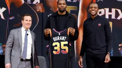 Suns owner Mat Ishbia (left), Kevin Durant (c) and general manager James Jones.
