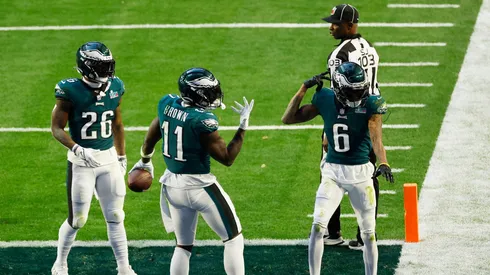 Eagles celebrating a touchdown in Super Bowl LVII.
