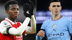 Eddie Nketiah of Arsenal and Phil Foden of Manchester City
