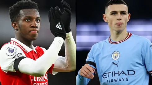 Eddie Nketiah of Arsenal and Phil Foden of Manchester City