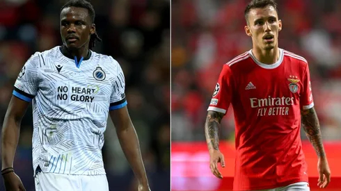Dedryck Boyata of Brugge and Alex Grimaldo of SL Benfica