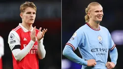 Martin Odegaard of Arsenal and Erling Haaland of Manchester City