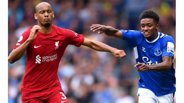 Fabinho of Liverpool and Demarai Gray of Everton