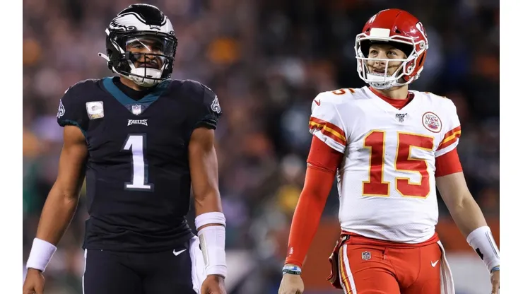 Jalen Hurts (left) and Patrick Mahomes (right)