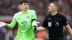 Kepa Arrizabalaga of Chelsea and referee Craig Pawson