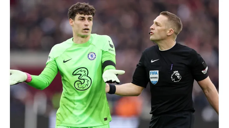 Kepa Arrizabalaga of Chelsea and referee Craig Pawson